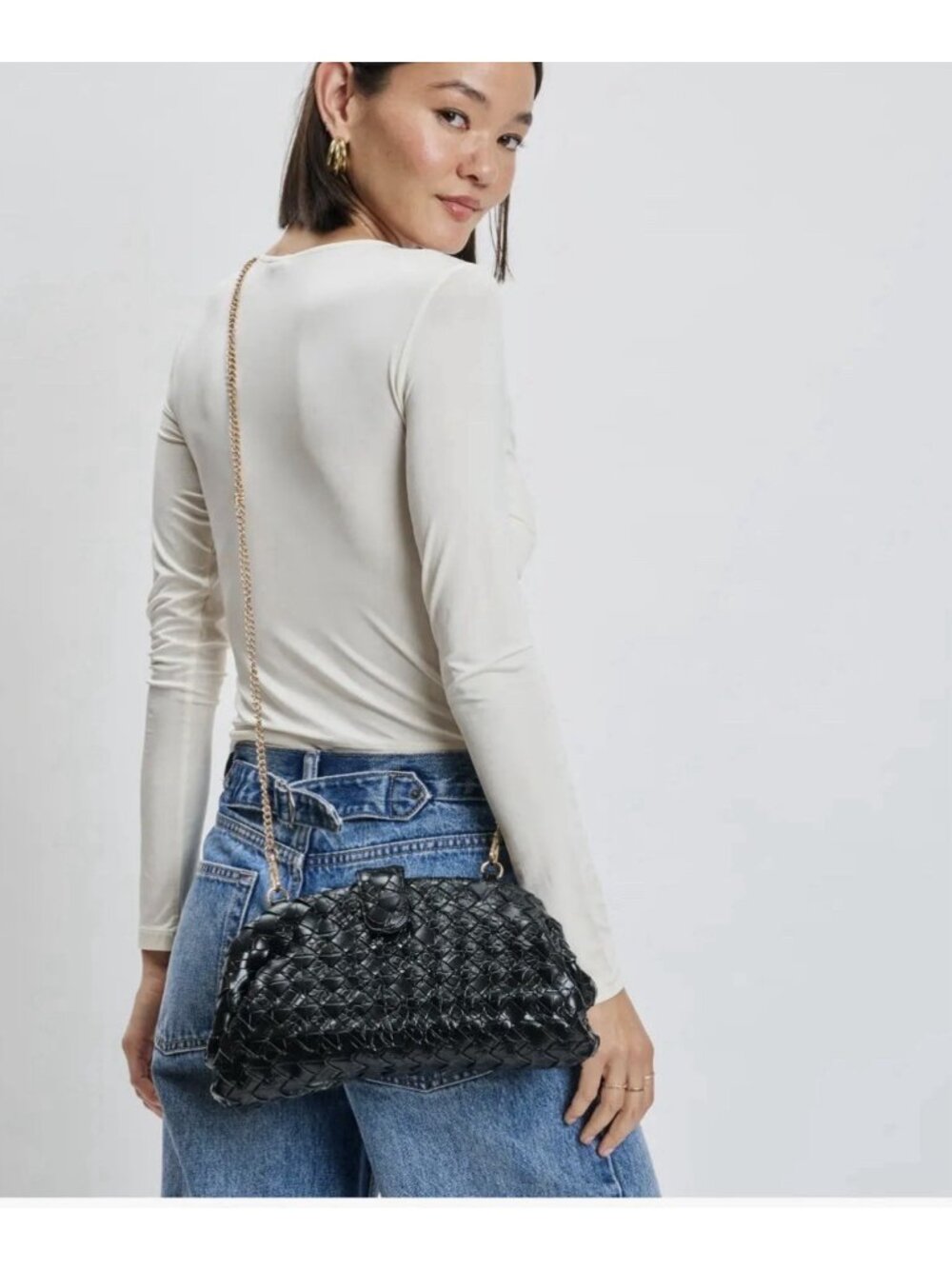 Nordstrom $80 Moda Luxe GiGi Crossbody Bag Woven Black Vegan Soft Leather Clutch - Picture 13 of 16